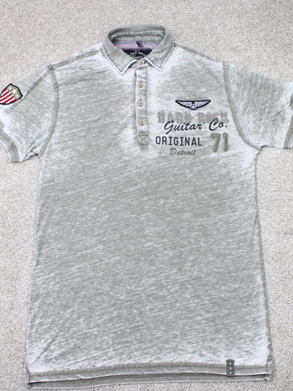 Hard Rock Guitar Polo Shirt Men Small Gray Thin Cotton/Poly Patched Short Sleeve